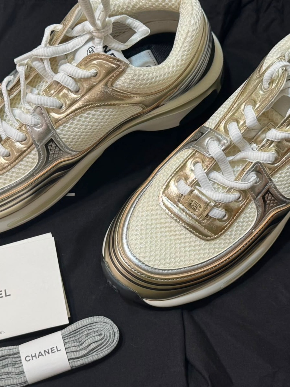 CHANEL Cream & Gold Low-Top Mesh Sneakers